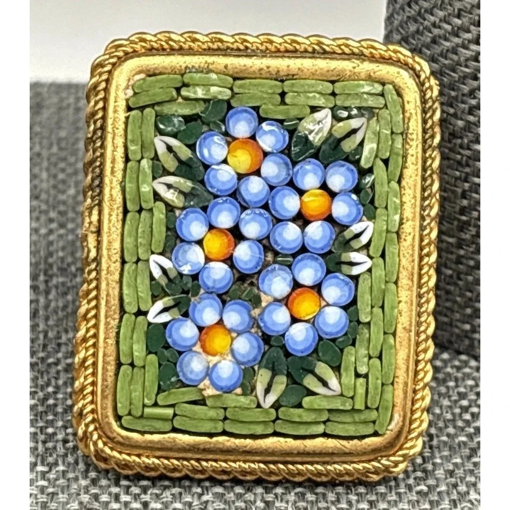 VTG Italian Huge Micro Mosaic Forget-Me-Not Flower Statement Ring Gold Tone Sz 6